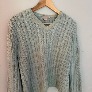 J Crew Light Blue Pullover Cable Knit V Neck Sweater 100% Cotton